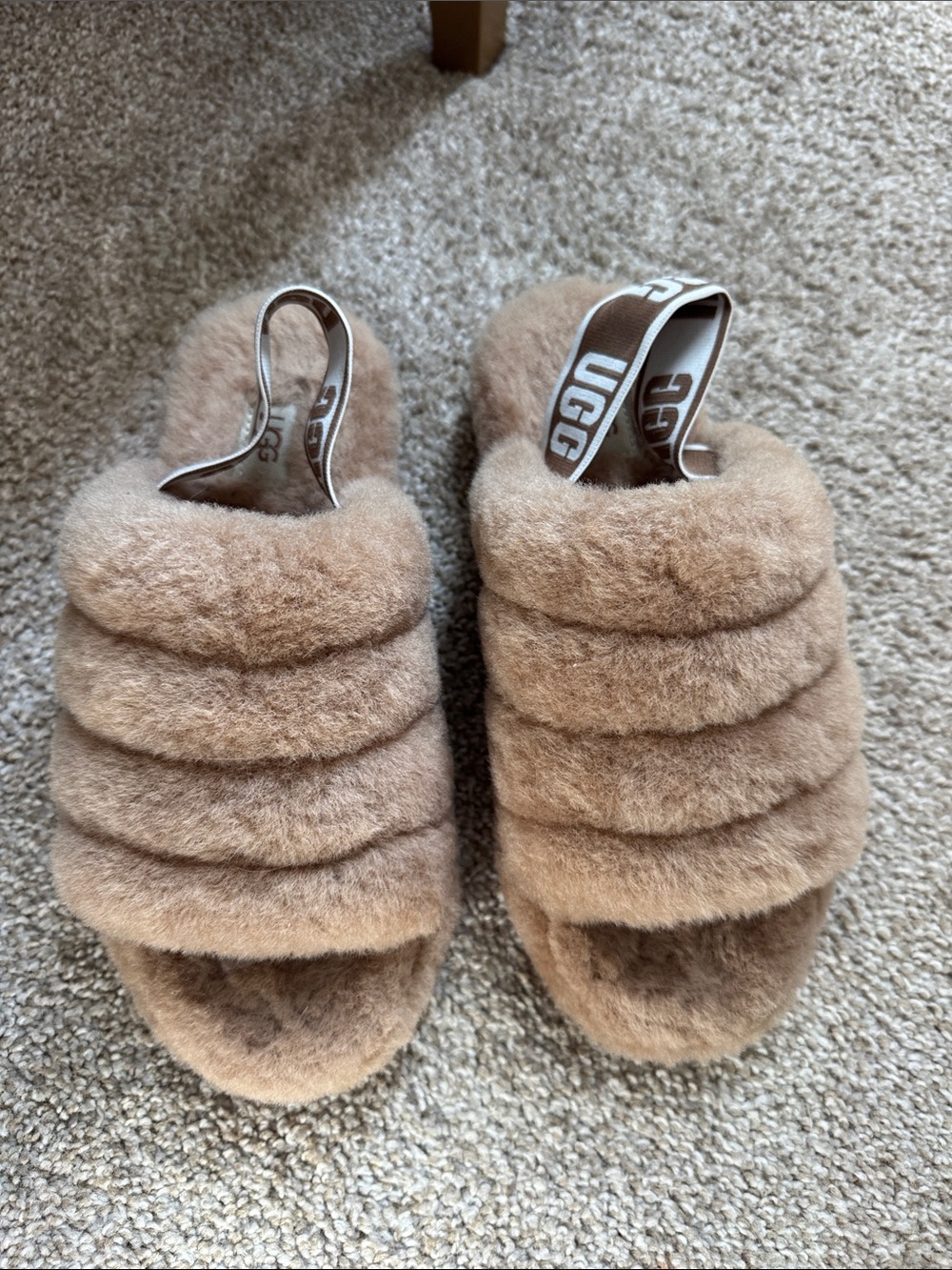 UGG Plush Shearling Slider Sandals in Tan